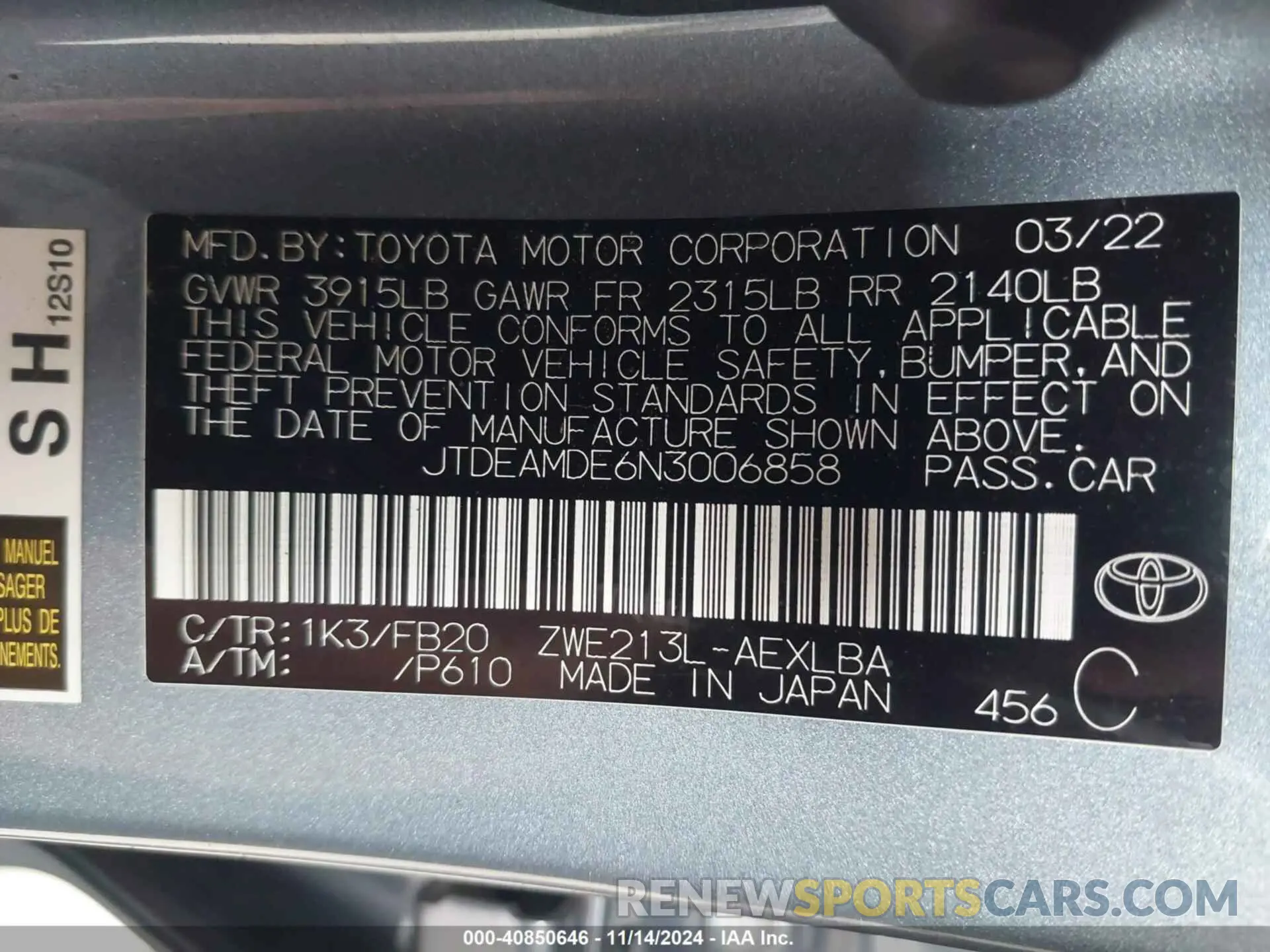 9 fotografías del automóvil dañado JTDEAMDE6N3006858 TOYOTA COROLLA 2022