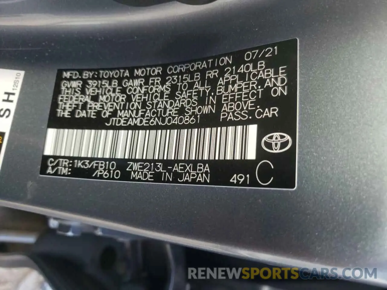 10 fotografías del automóvil dañado JTDEAMDE6NJ040861 TOYOTA COROLLA 2022