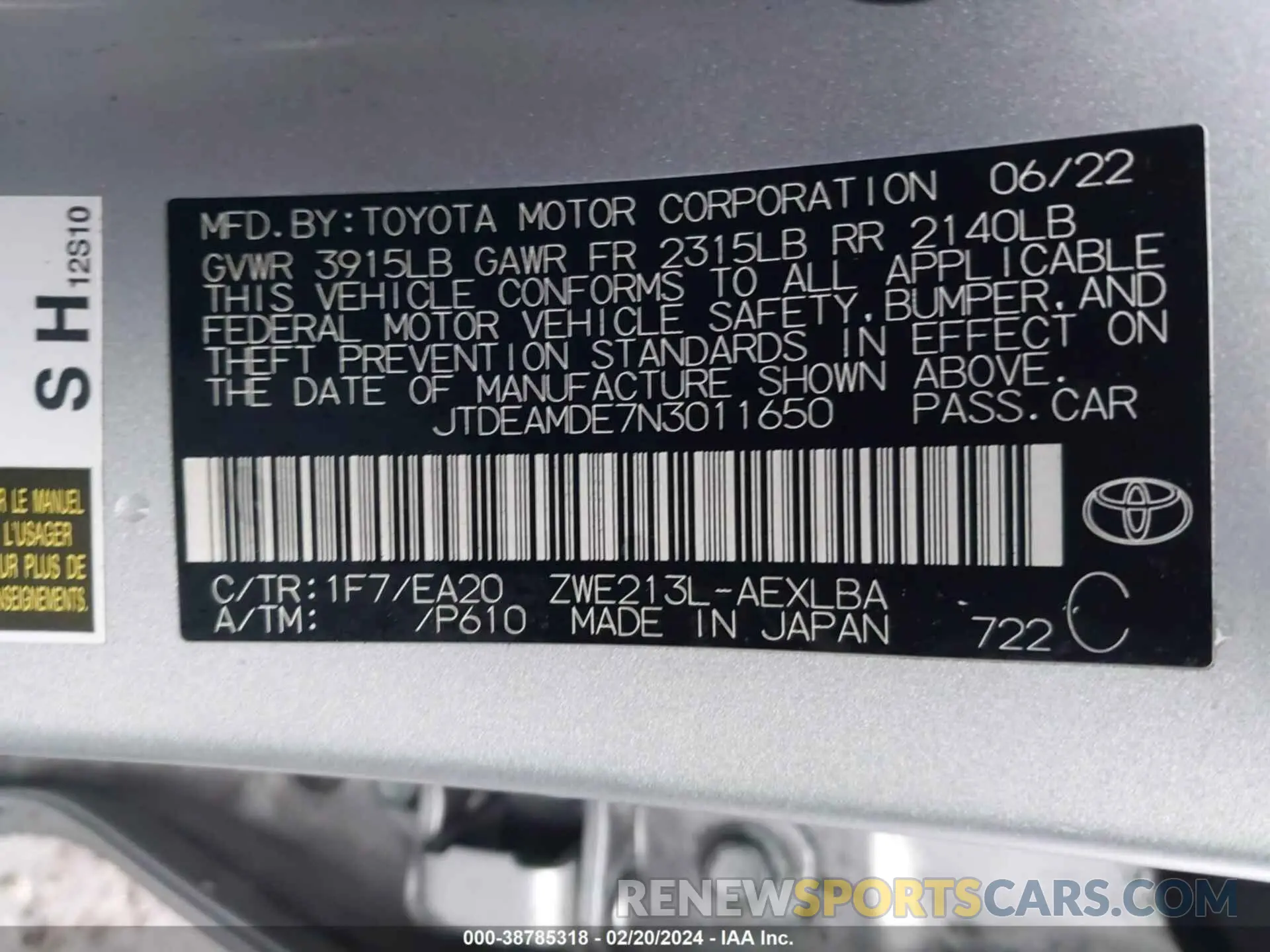 9 fotografías del automóvil dañado JTDEAMDE7N3011650 TOYOTA COROLLA 2022
