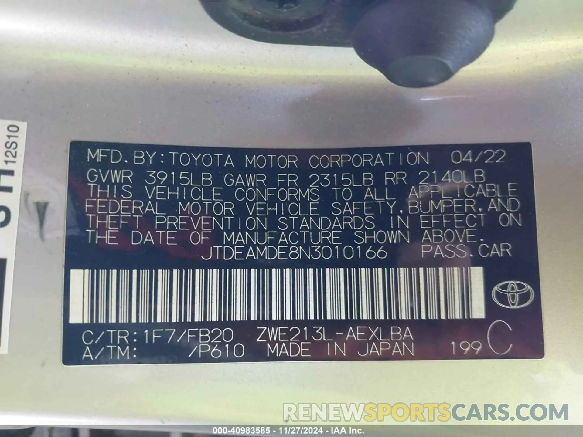 9 fotografías del automóvil dañado JTDEAMDE8N3010166 TOYOTA COROLLA 2022