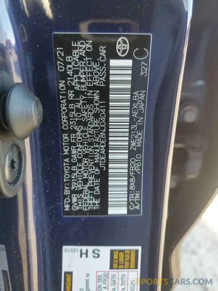 12 fotografías del automóvil dañado JTDEAMDE8NJ040411 TOYOTA COROLLA 2022