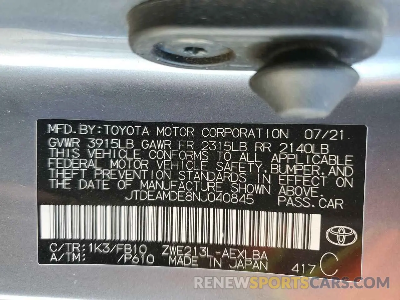 12 fotografías del automóvil dañado JTDEAMDE8NJ040845 TOYOTA COROLLA 2022