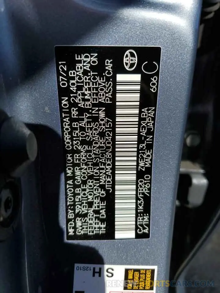 15 fotografías del automóvil dañado JTDEAMDE8NJ042157 TOYOTA COROLLA 2022