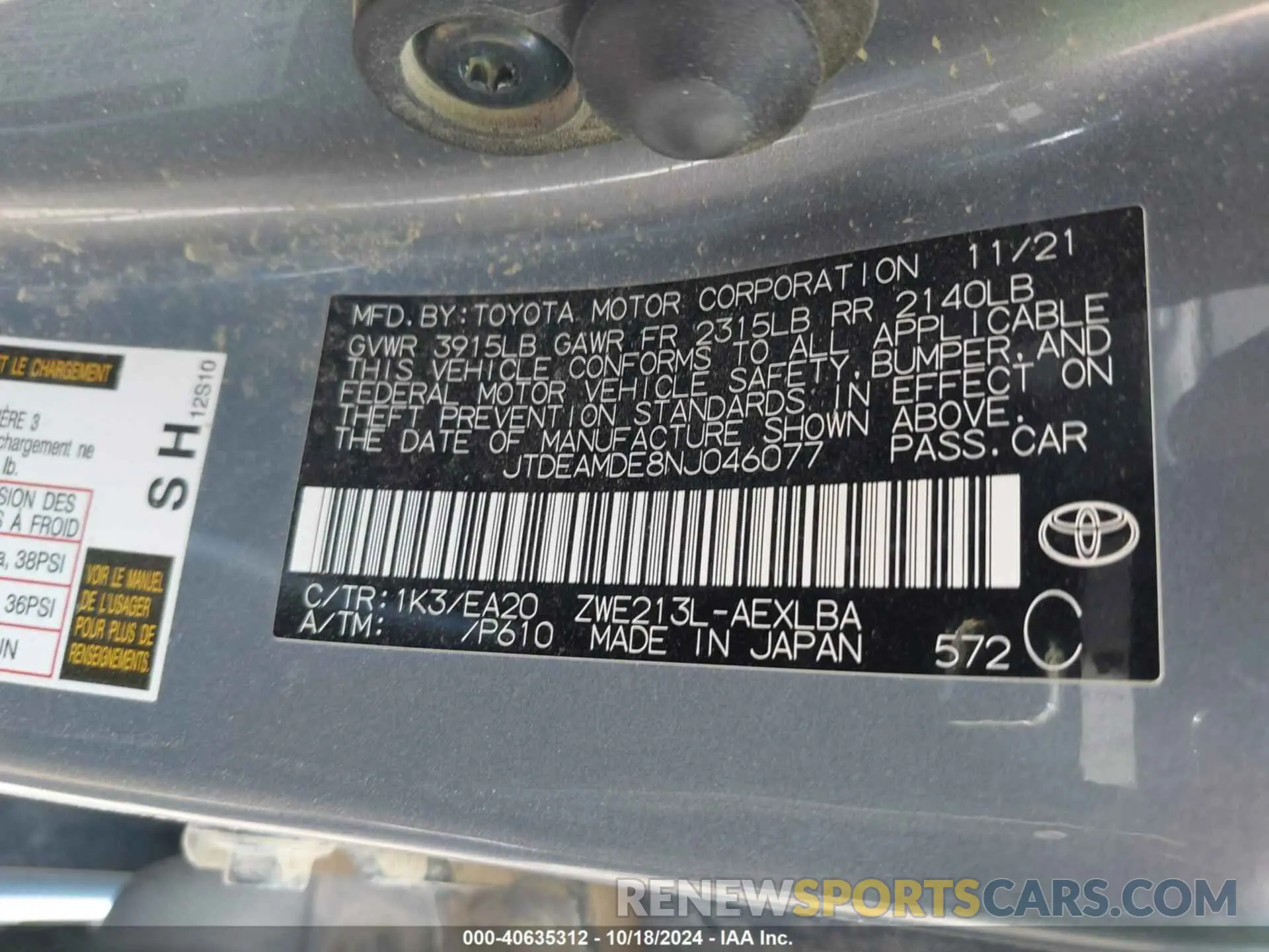 9 fotografías del automóvil dañado JTDEAMDE8NJ046077 TOYOTA COROLLA 2022