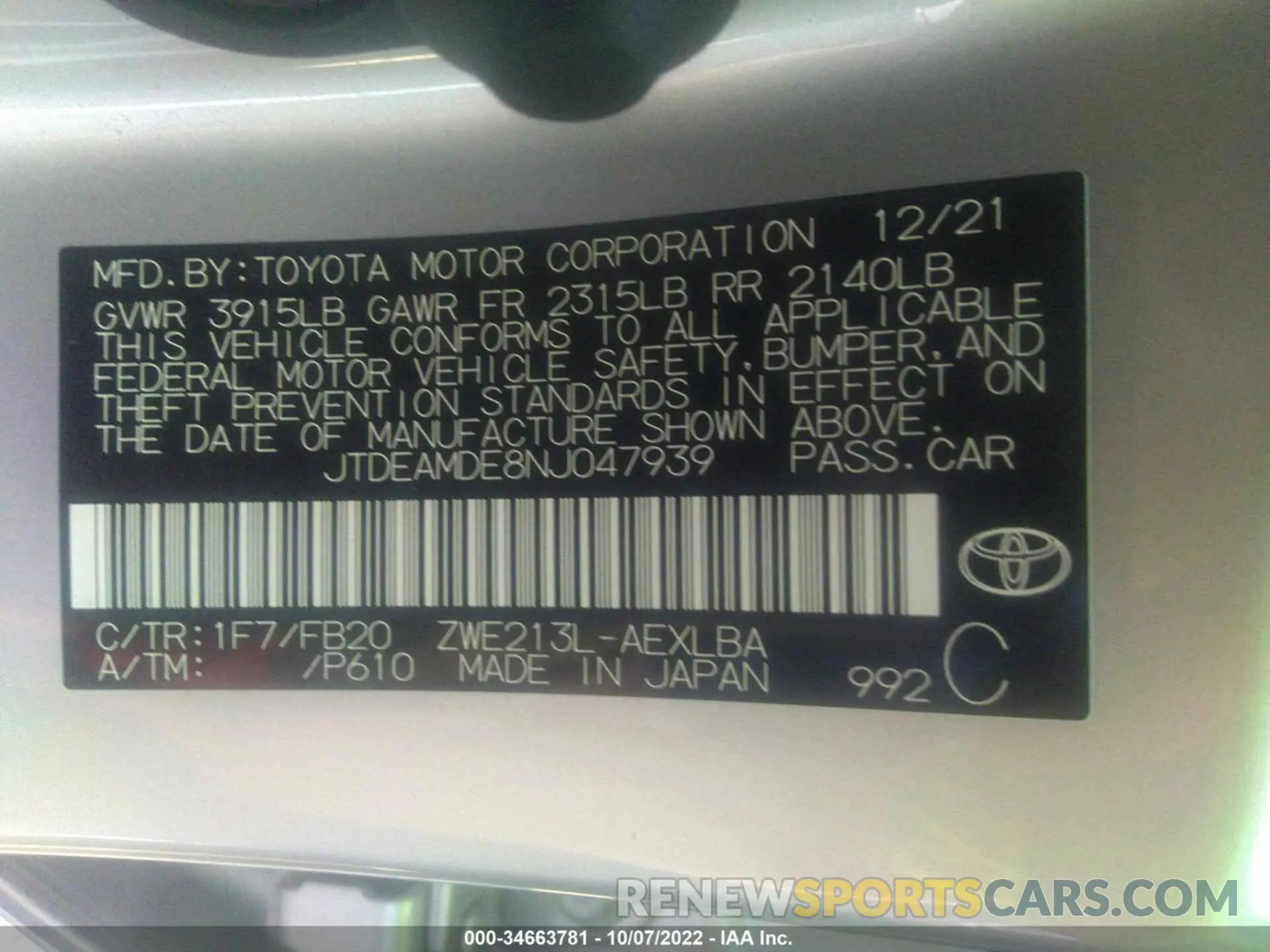9 fotografías del automóvil dañado JTDEAMDE8NJ047939 TOYOTA COROLLA 2022