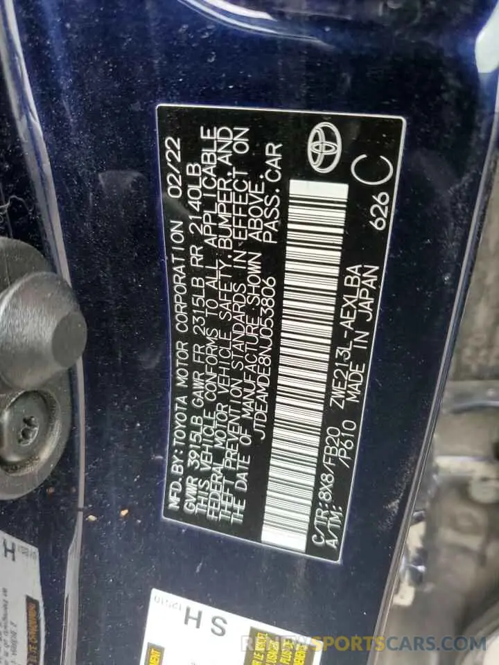 12 fotografías del automóvil dañado JTDEAMDE8NJ053806 TOYOTA COROLLA 2022