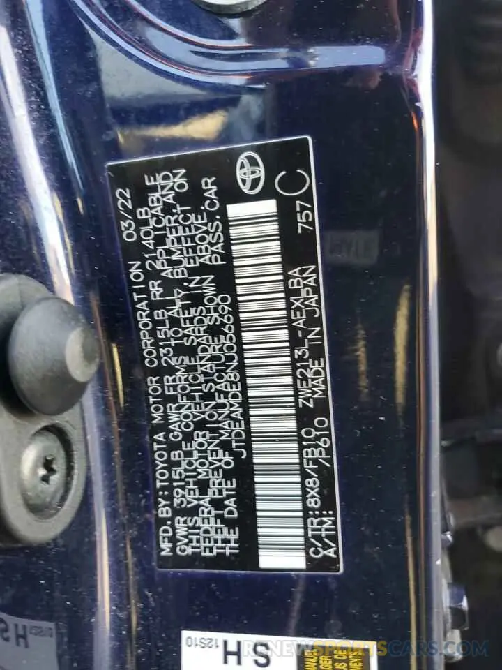 12 fotografías del automóvil dañado JTDEAMDE8NJ056690 TOYOTA COROLLA 2022