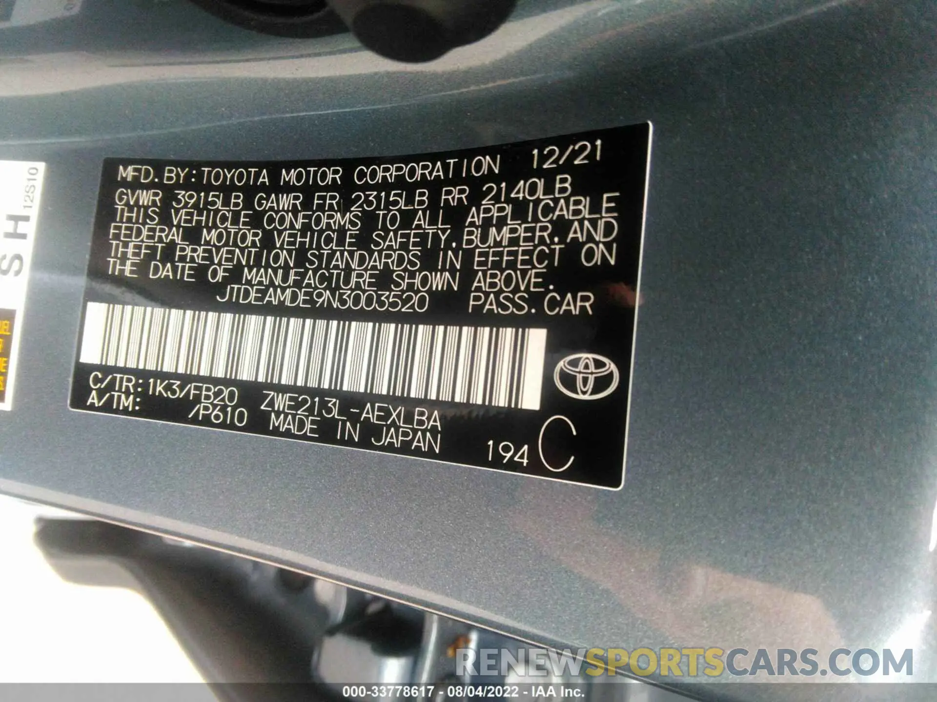 9 fotografías del automóvil dañado JTDEAMDE9N3003520 TOYOTA COROLLA 2022