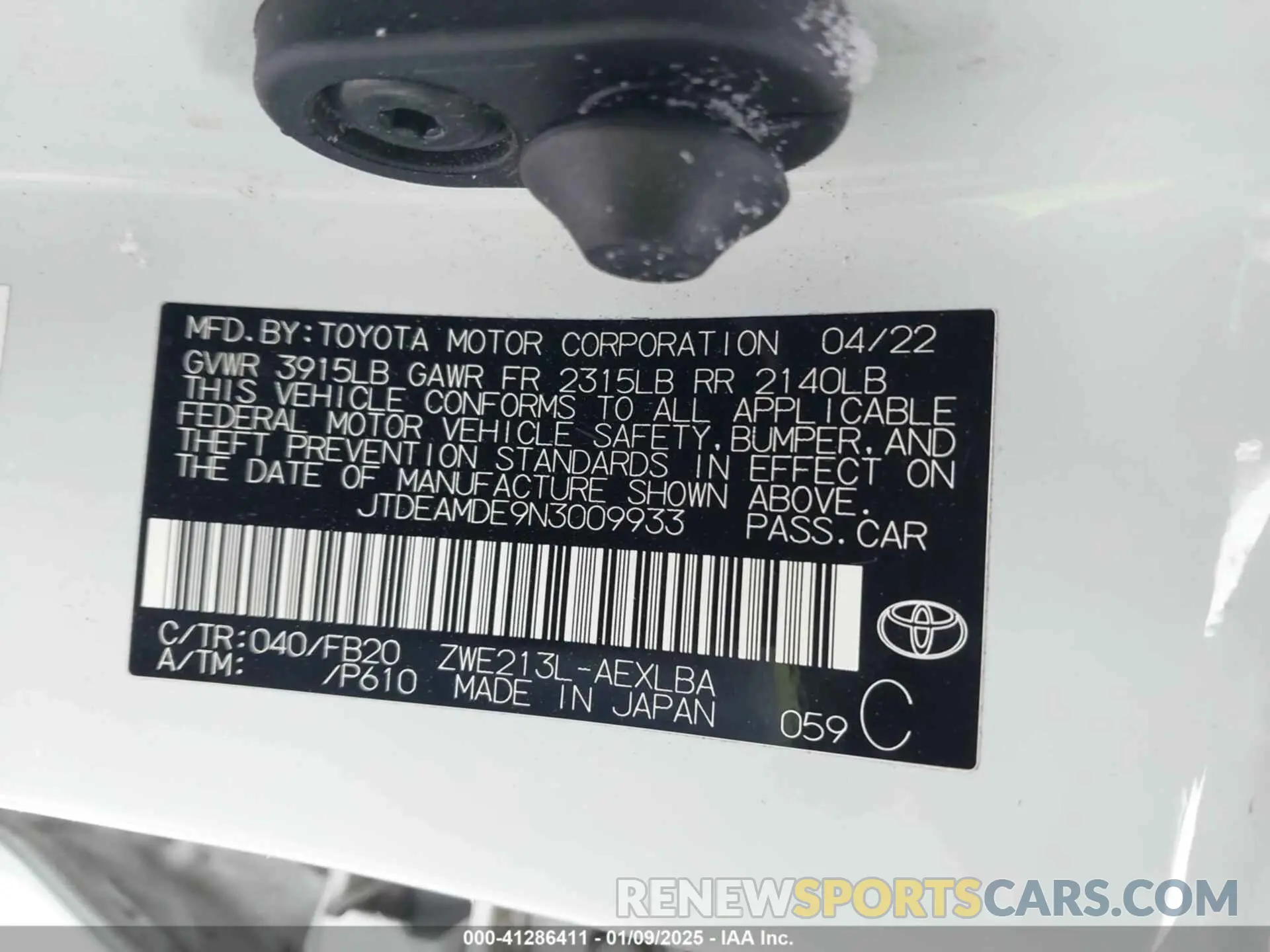 9 fotografías del automóvil dañado JTDEAMDE9N3009933 TOYOTA COROLLA 2022