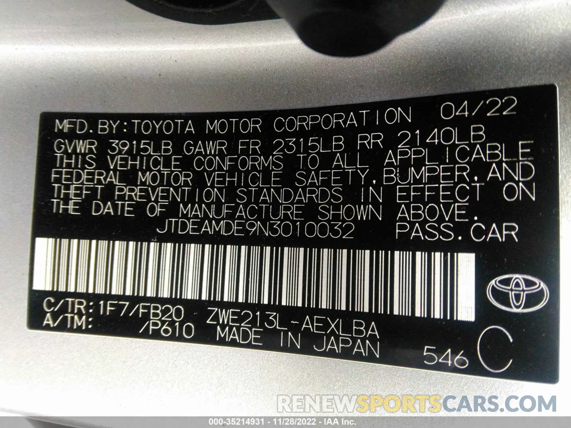 9 fotografías del automóvil dañado JTDEAMDE9N3010032 TOYOTA COROLLA 2022