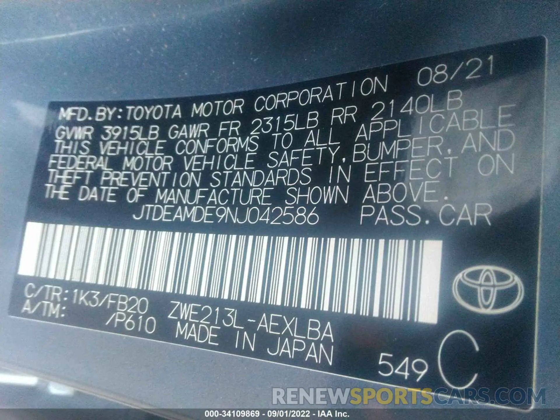 9 fotografías del automóvil dañado JTDEAMDE9NJ042586 TOYOTA COROLLA 2022