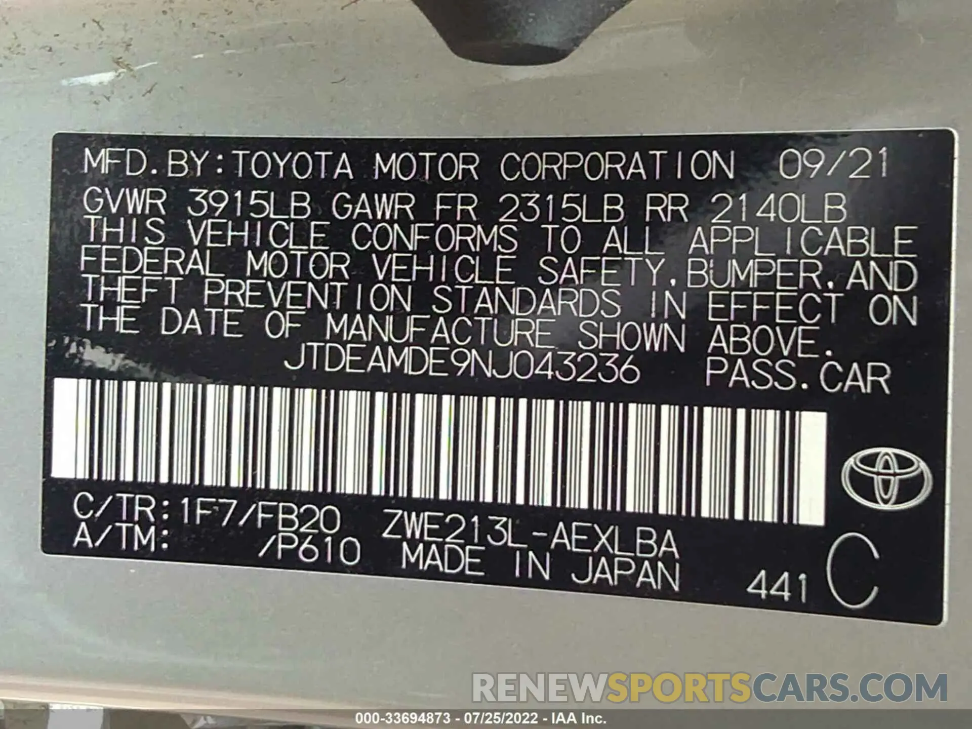 9 fotografías del automóvil dañado JTDEAMDE9NJ043236 TOYOTA COROLLA 2022
