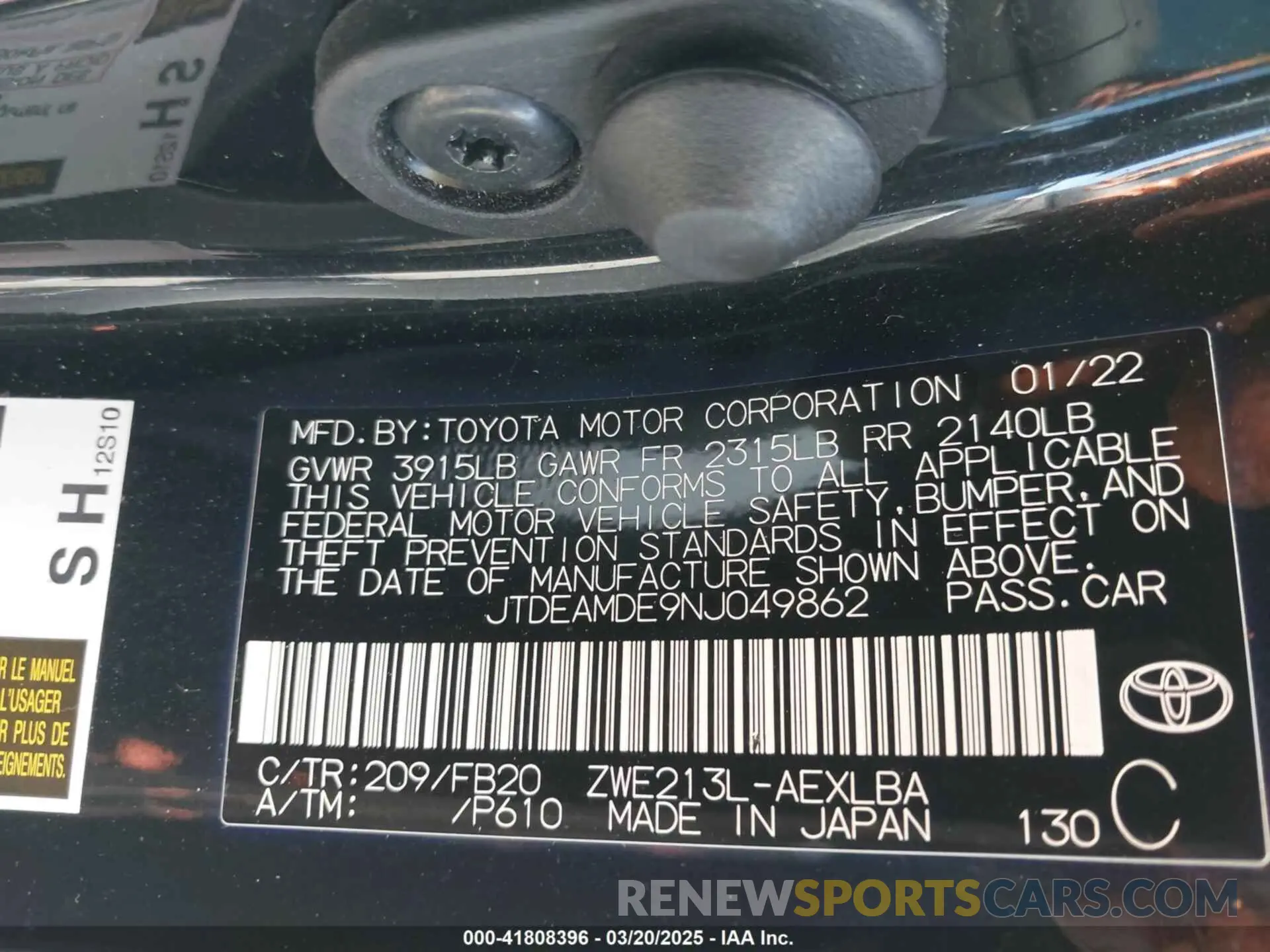 9 fotografías del automóvil dañado JTDEAMDE9NJ049862 TOYOTA COROLLA 2022
