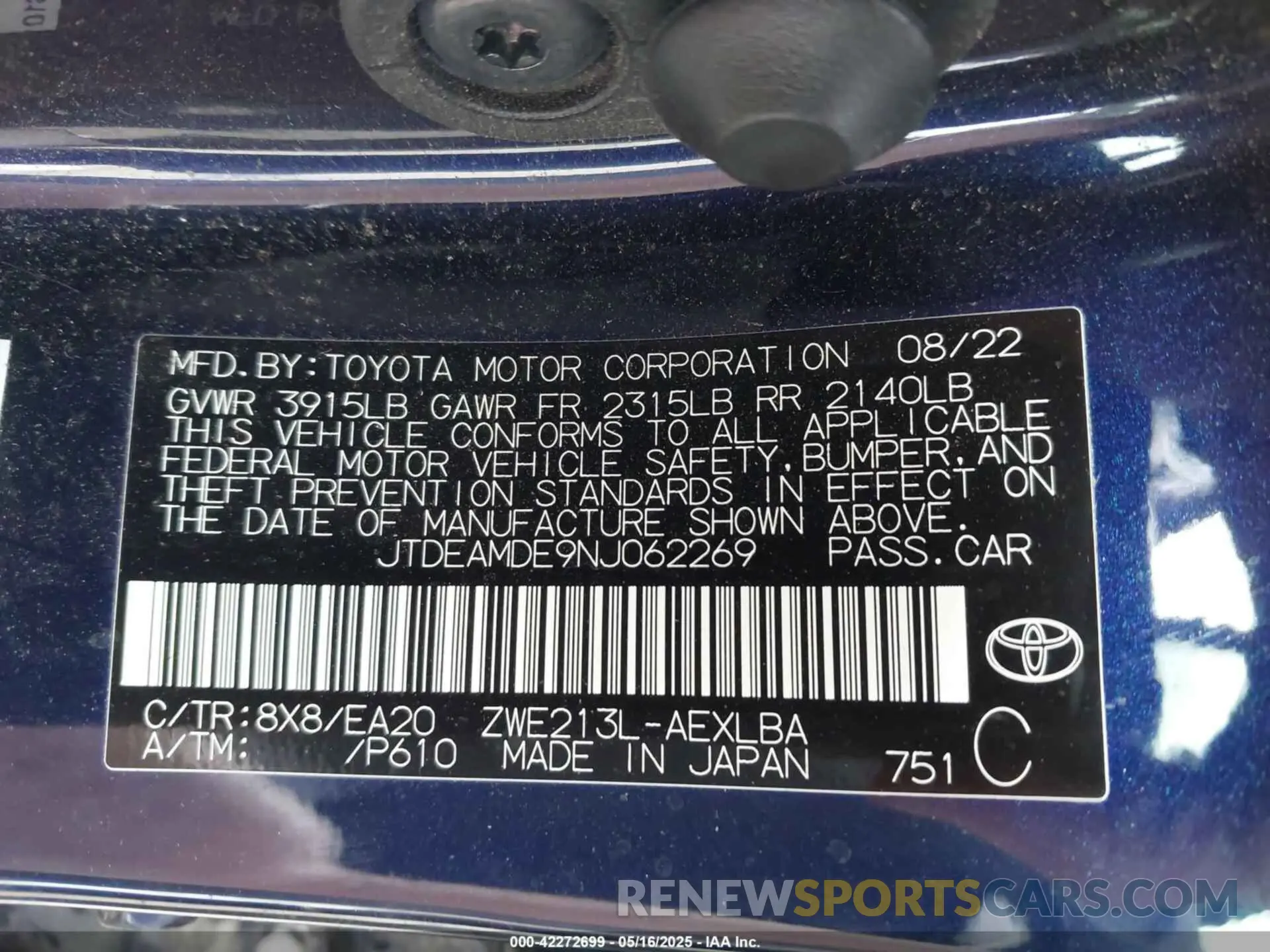 9 fotografías del automóvil dañado JTDEAMDE9NJ062269 TOYOTA COROLLA 2022
