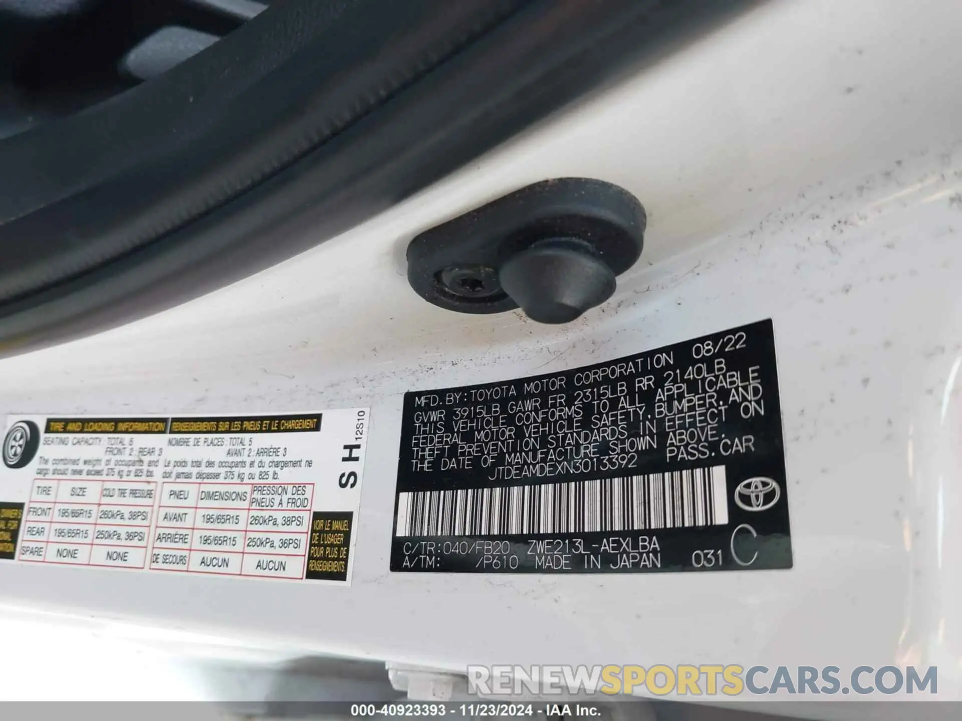 9 fotografías del automóvil dañado JTDEAMDEXN3013392 TOYOTA COROLLA 2022