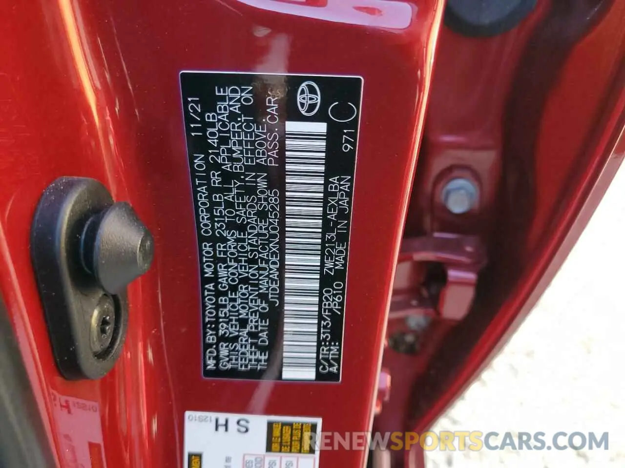 10 fotografías del automóvil dañado JTDEAMDEXNJ045285 TOYOTA COROLLA 2022