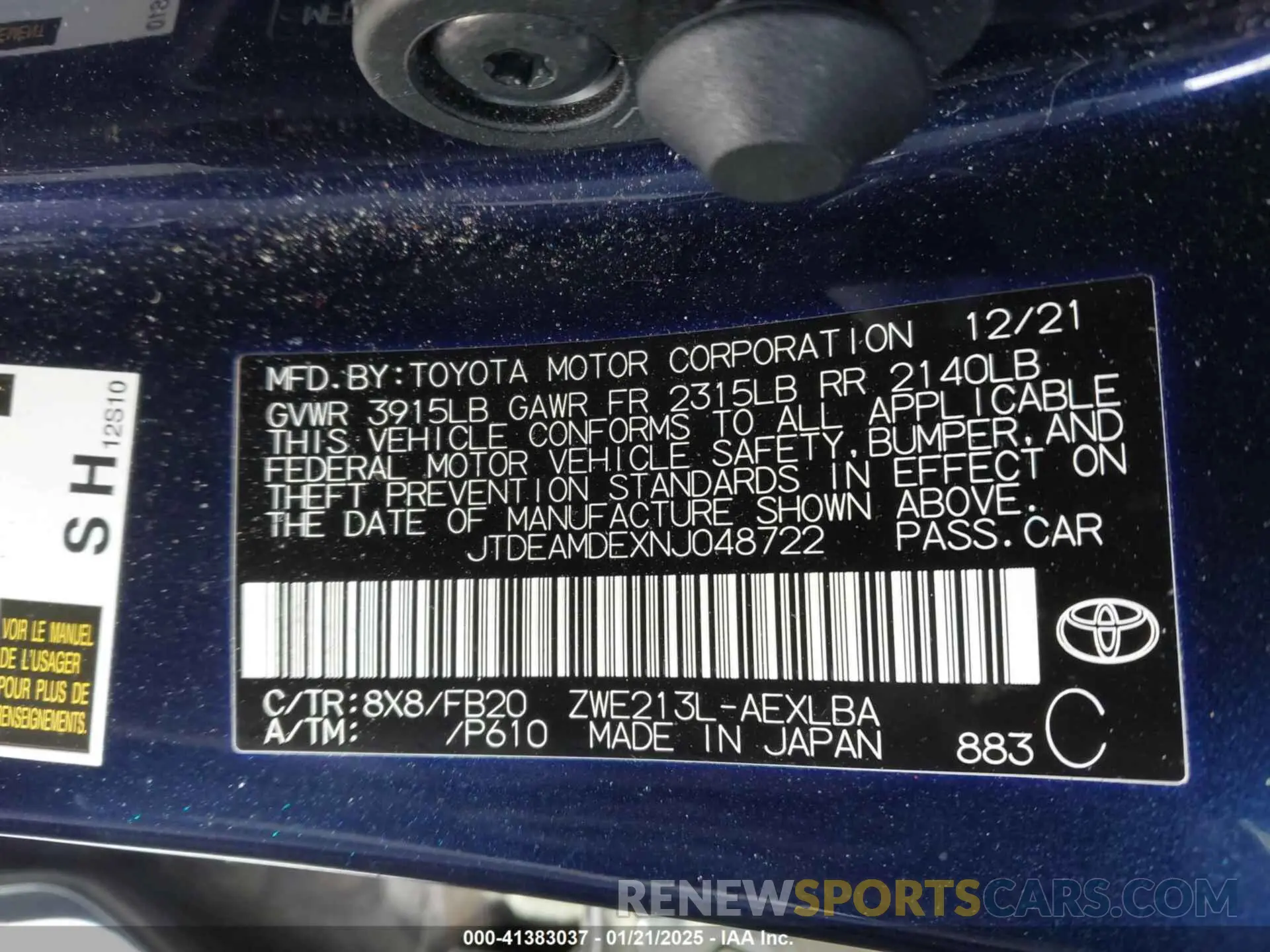 9 fotografías del automóvil dañado JTDEAMDEXNJ048722 TOYOTA COROLLA 2022