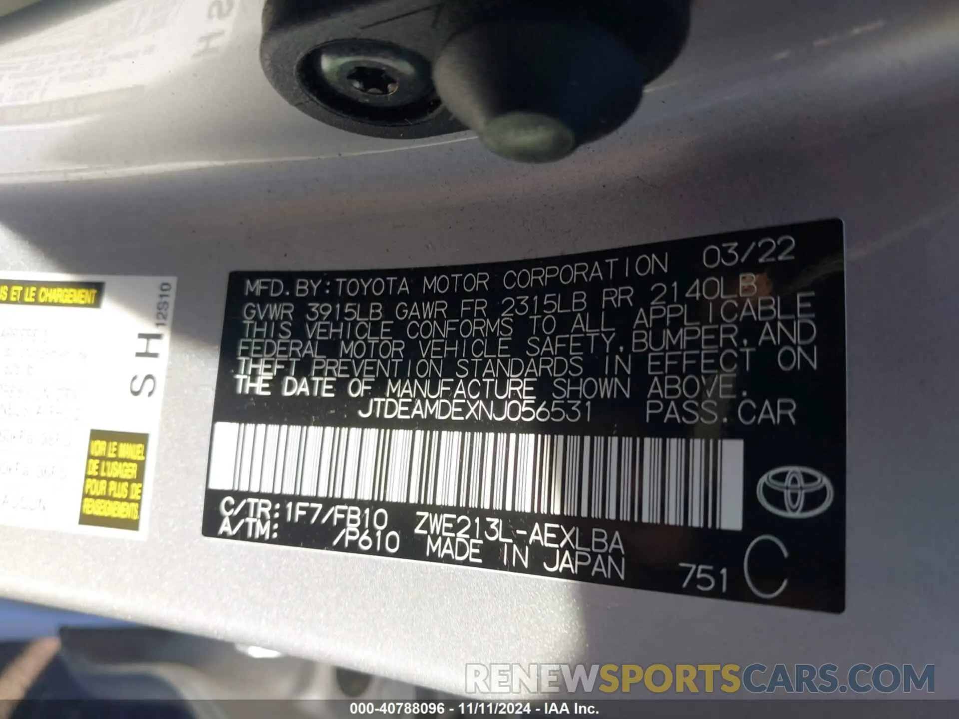 9 fotografías del automóvil dañado JTDEAMDEXNJ056531 TOYOTA COROLLA 2022
