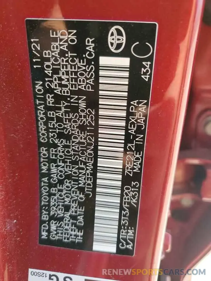 12 fotografías del automóvil dañado JTDEPMAE0NJ211252 TOYOTA COROLLA 2022
