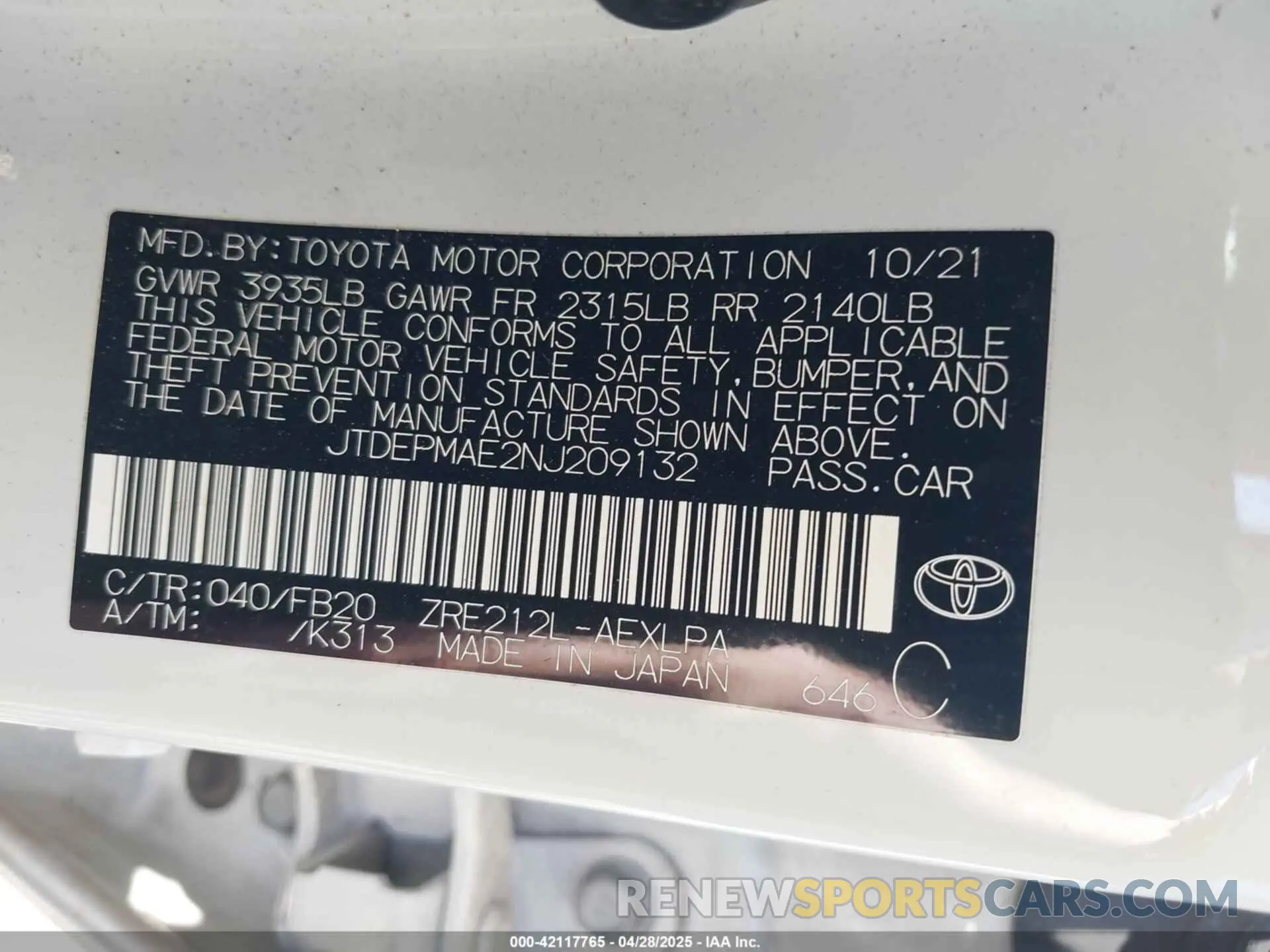 9 fotografías del automóvil dañado JTDEPMAE2NJ209132 TOYOTA COROLLA 2022
