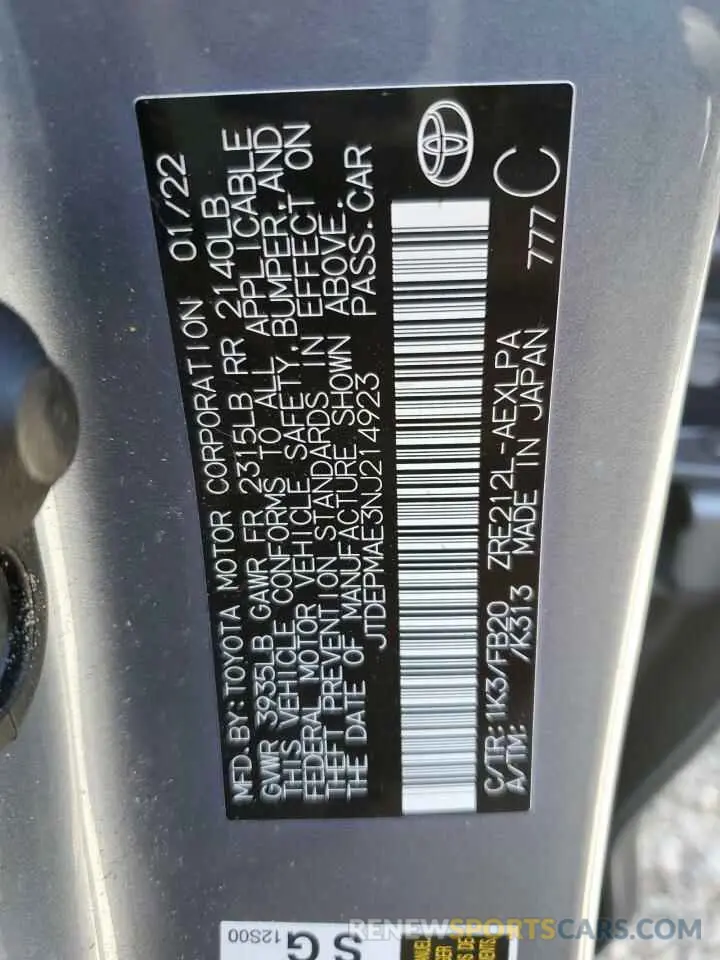 12 fotografías del automóvil dañado JTDEPMAE3NJ214923 TOYOTA COROLLA 2022