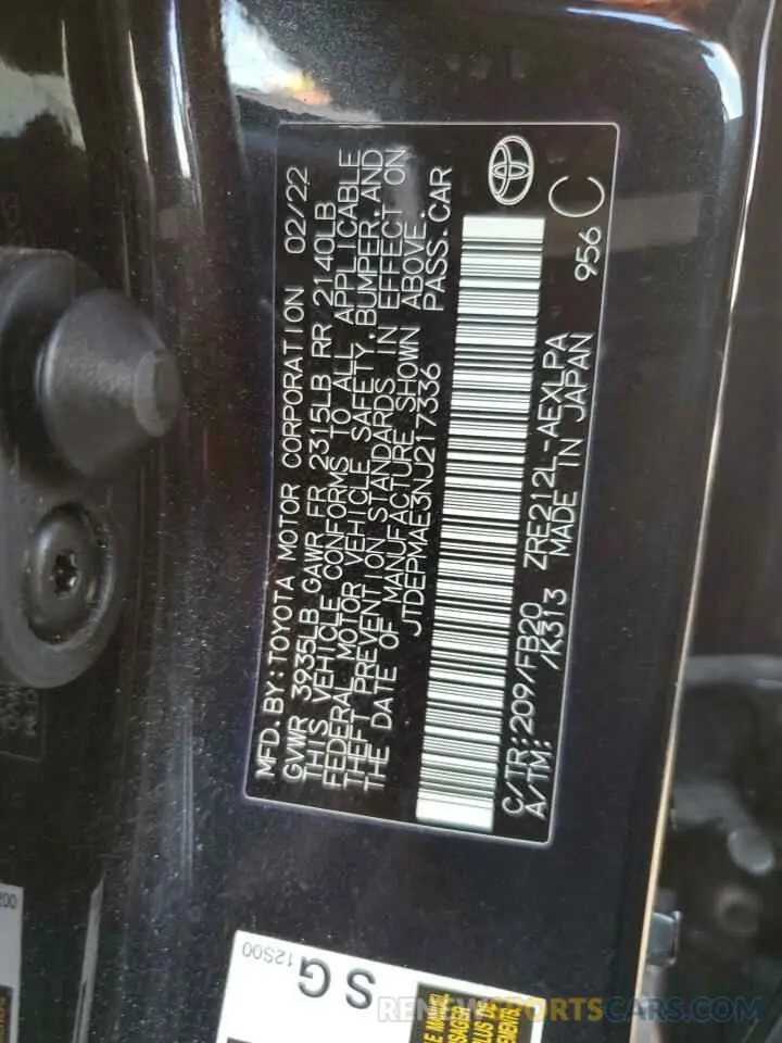 12 fotografías del automóvil dañado JTDEPMAE3NJ217336 TOYOTA COROLLA 2022