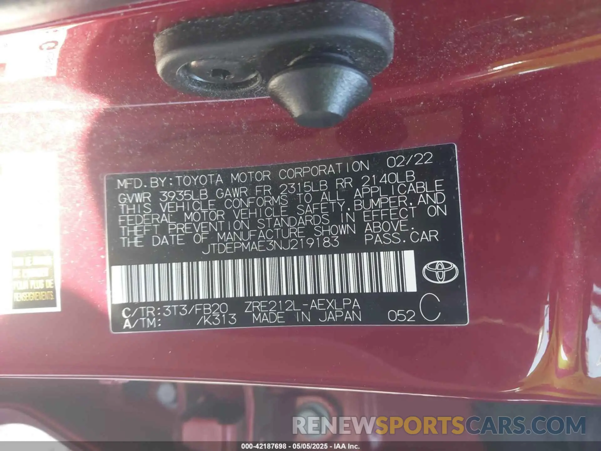 9 fotografías del automóvil dañado JTDEPMAE3NJ219183 TOYOTA COROLLA 2022