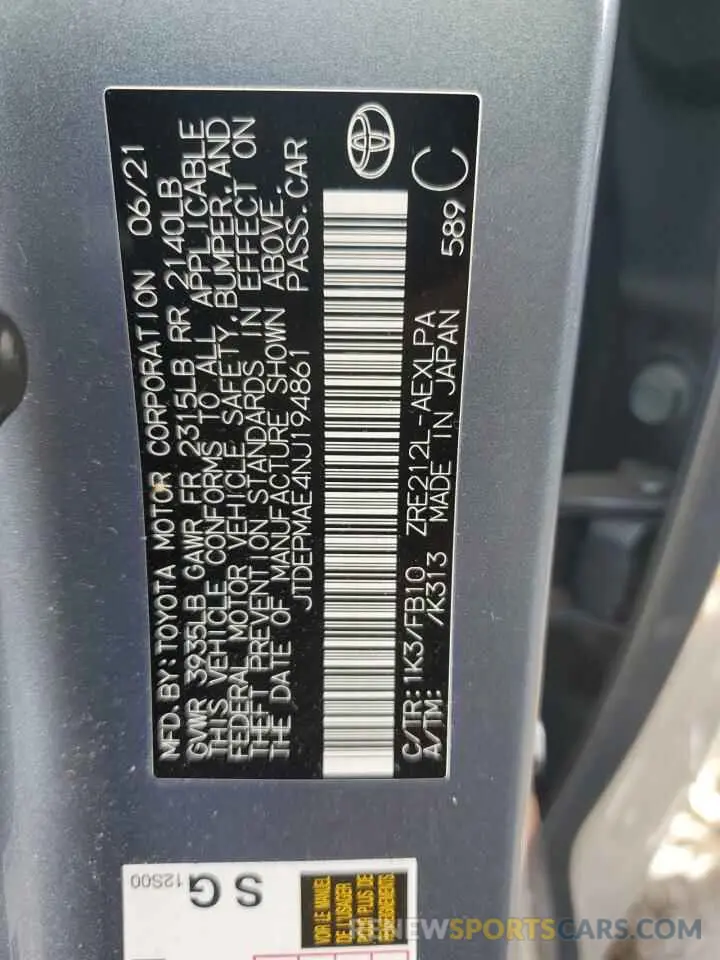 12 fotografías del automóvil dañado JTDEPMAE4NJ194861 TOYOTA COROLLA 2022