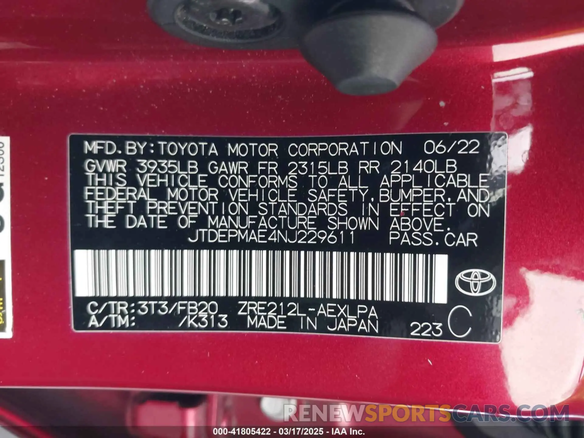 9 fotografías del automóvil dañado JTDEPMAE4NJ229611 TOYOTA COROLLA 2022