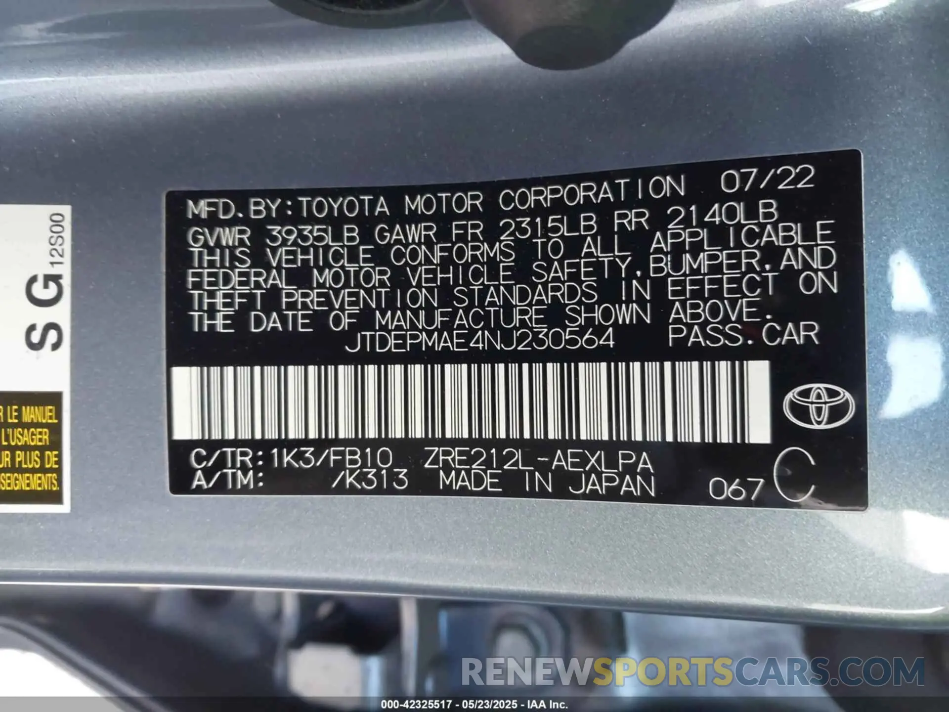 9 fotografías del automóvil dañado JTDEPMAE4NJ230564 TOYOTA COROLLA 2022