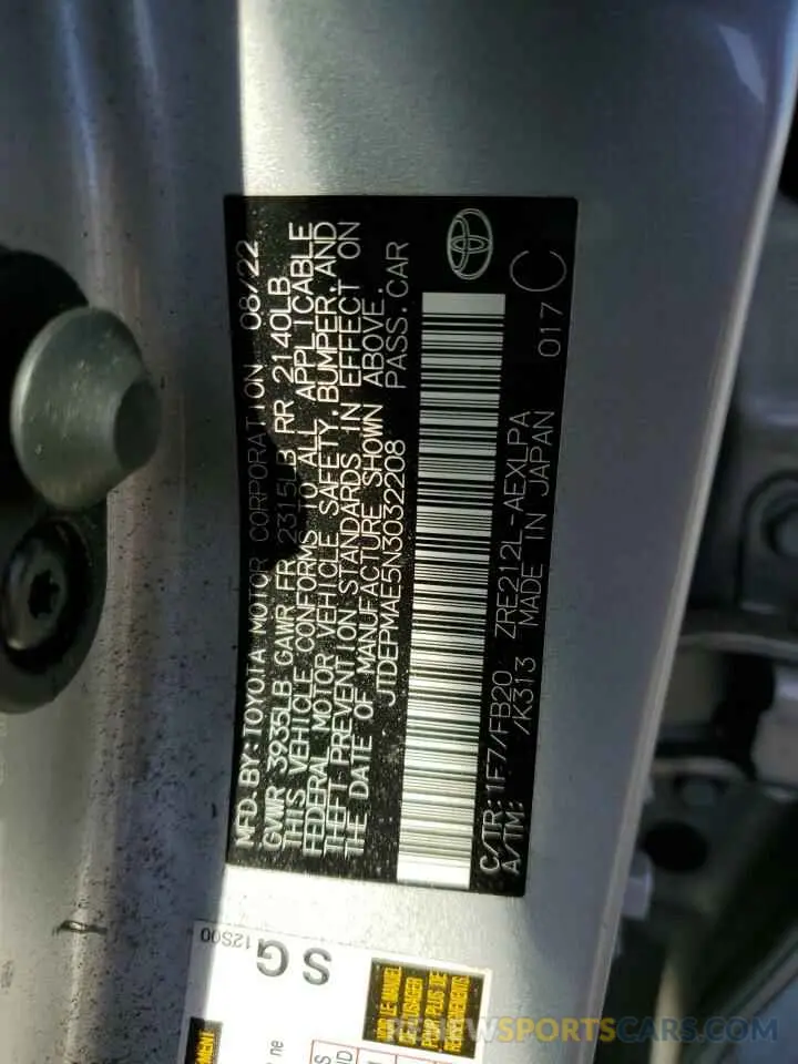 12 fotografías del automóvil dañado JTDEPMAE5N3032208 TOYOTA COROLLA 2022