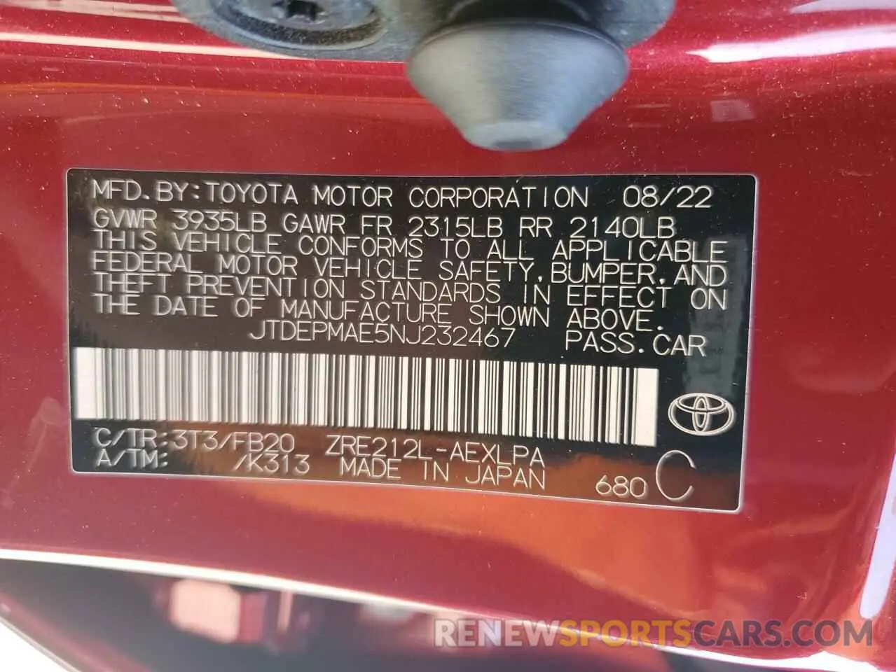 12 fotografías del automóvil dañado JTDEPMAE5NJ232467 TOYOTA COROLLA 2022