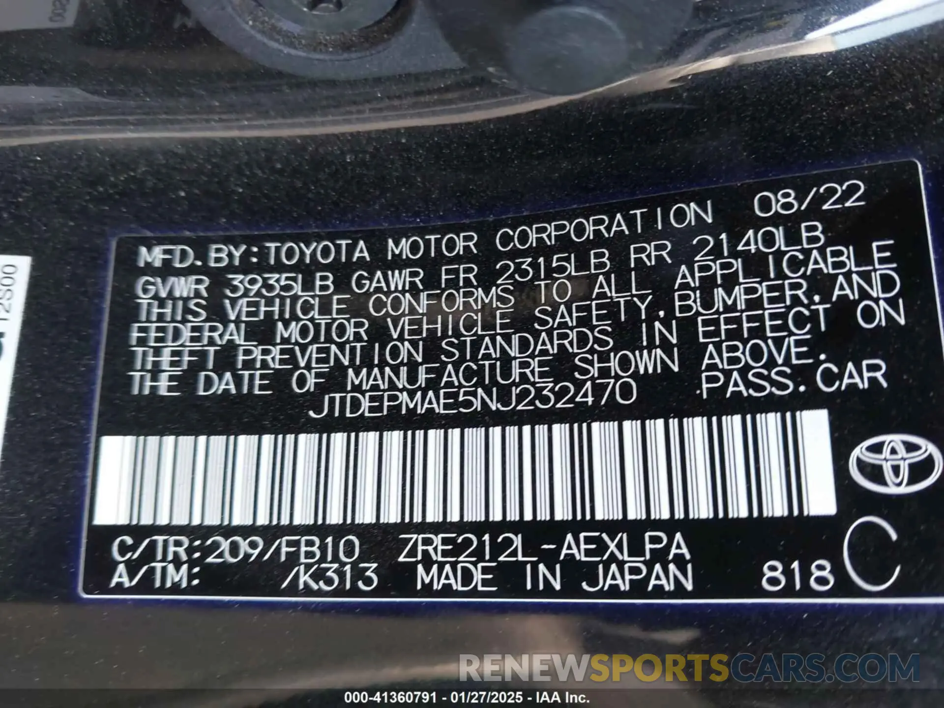 9 fotografías del automóvil dañado JTDEPMAE5NJ232470 TOYOTA COROLLA 2022