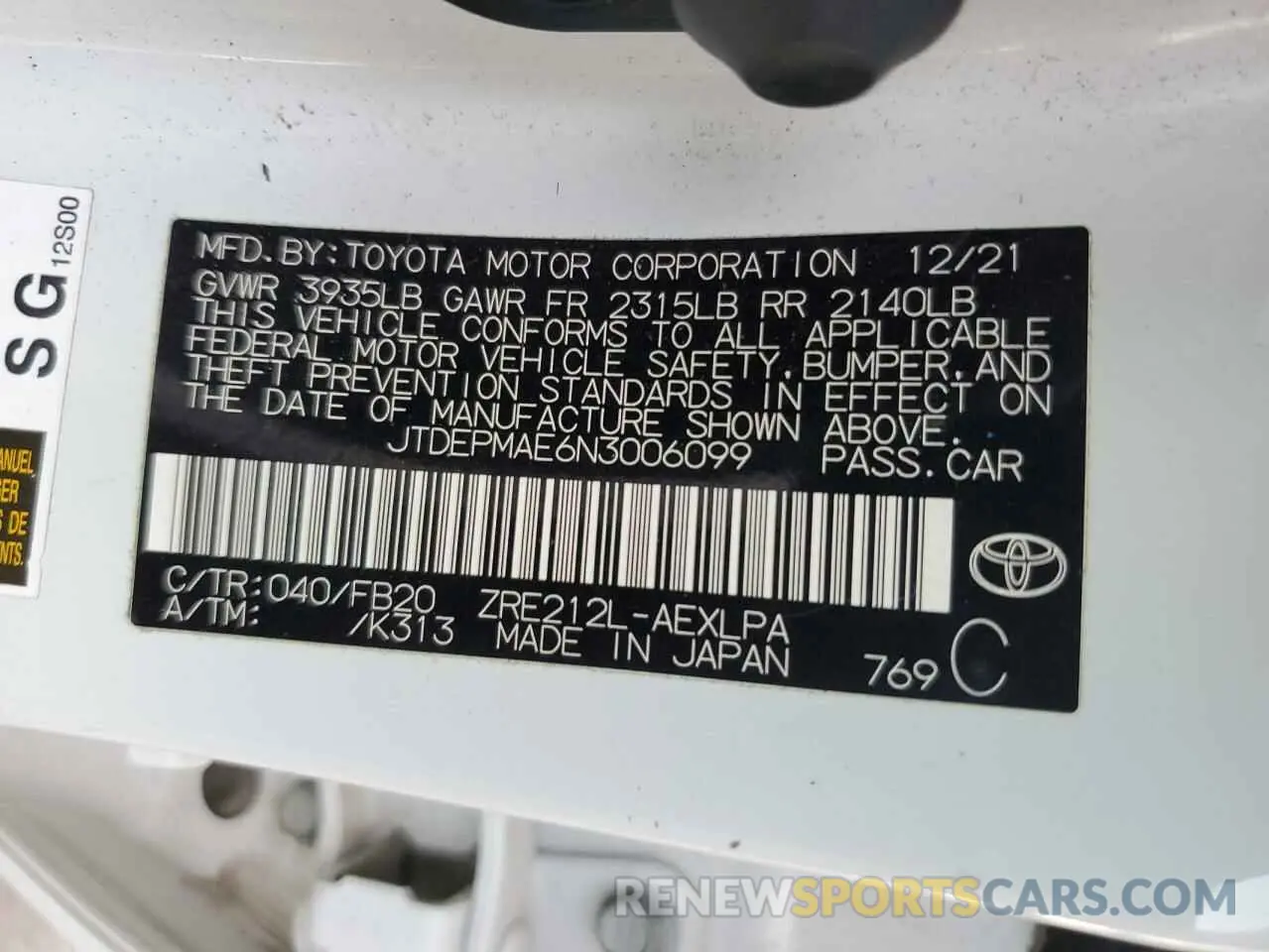 12 fotografías del automóvil dañado JTDEPMAE6N3006099 TOYOTA COROLLA 2022