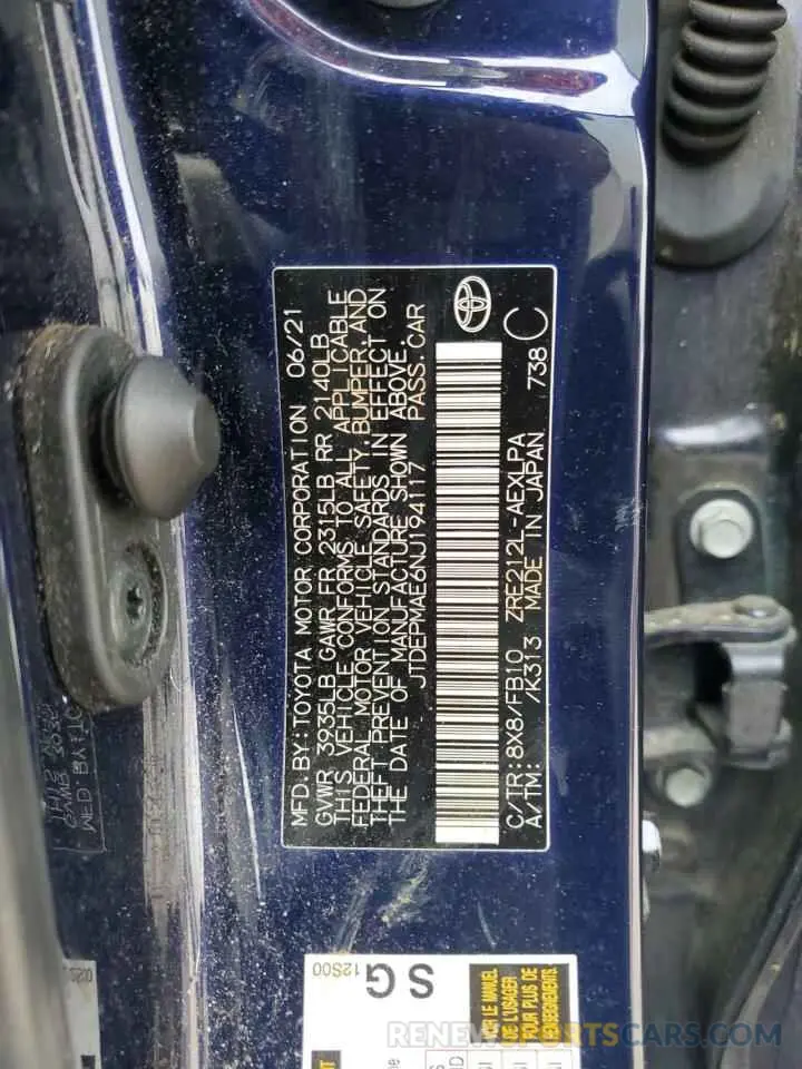 14 fotografías del automóvil dañado JTDEPMAE6NJ194117 TOYOTA COROLLA 2022