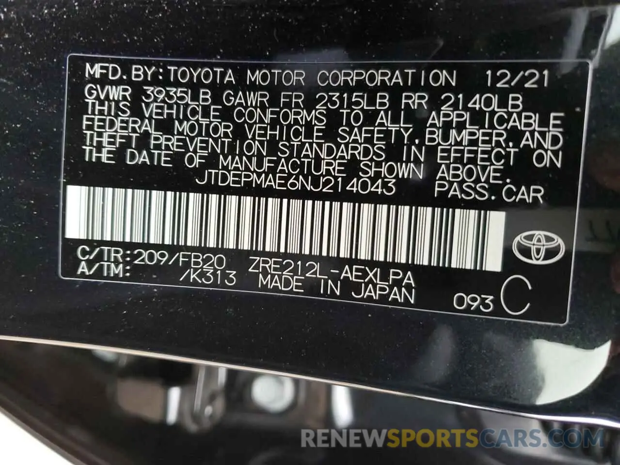 10 fotografías del automóvil dañado JTDEPMAE6NJ214043 TOYOTA COROLLA 2022