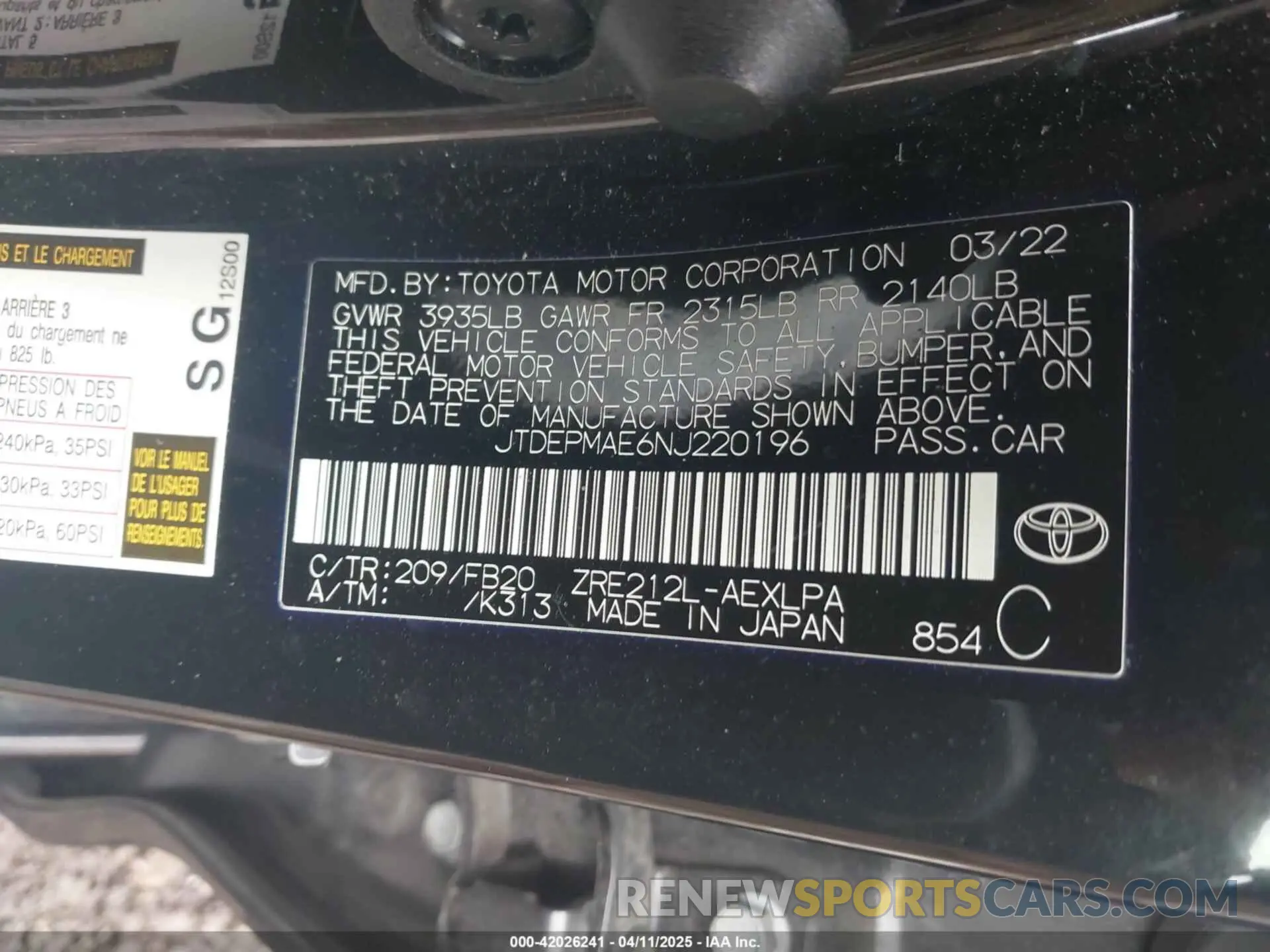 9 fotografías del automóvil dañado JTDEPMAE6NJ220196 TOYOTA COROLLA 2022