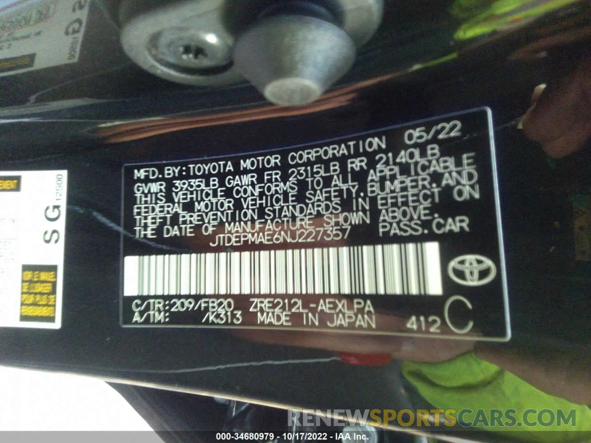 9 fotografías del automóvil dañado JTDEPMAE6NJ227357 TOYOTA COROLLA 2022