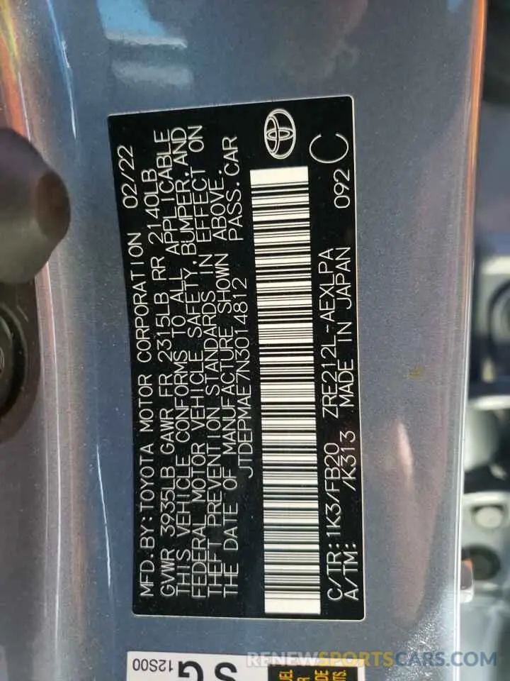 10 fotografías del automóvil dañado JTDEPMAE7N3014812 TOYOTA COROLLA 2022