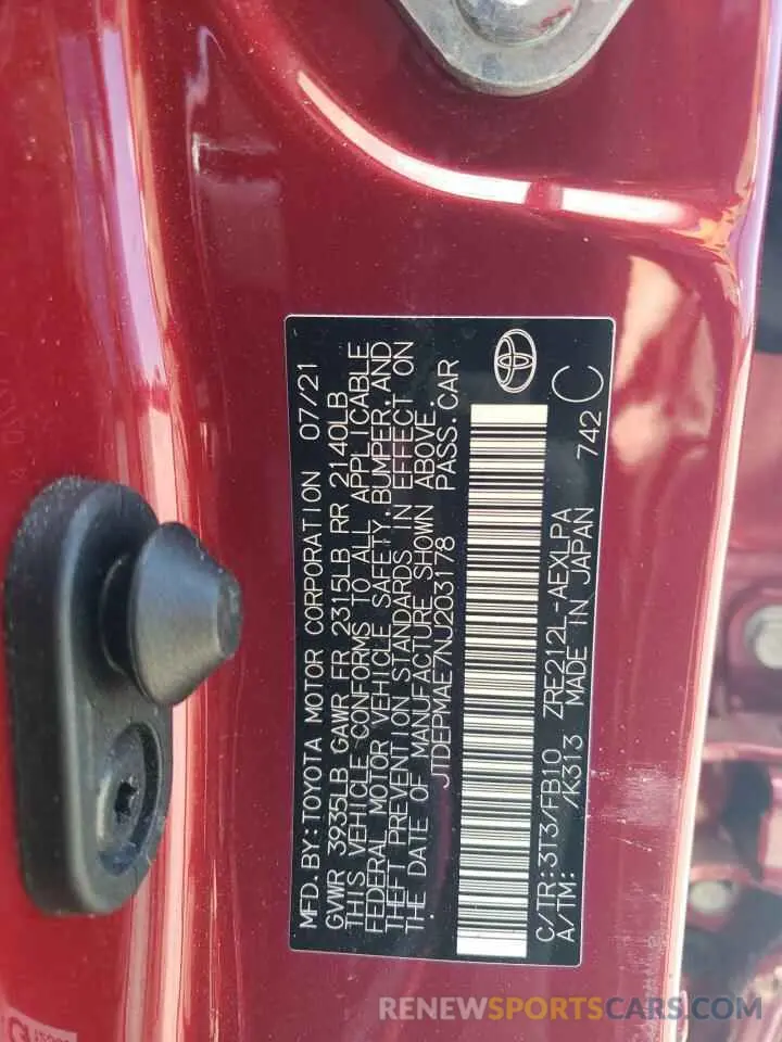 12 fotografías del automóvil dañado JTDEPMAE7NJ203178 TOYOTA COROLLA 2022