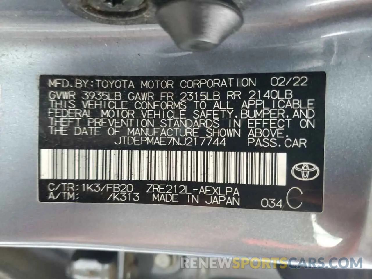15 fotografías del automóvil dañado JTDEPMAE7NJ217744 TOYOTA COROLLA 2022