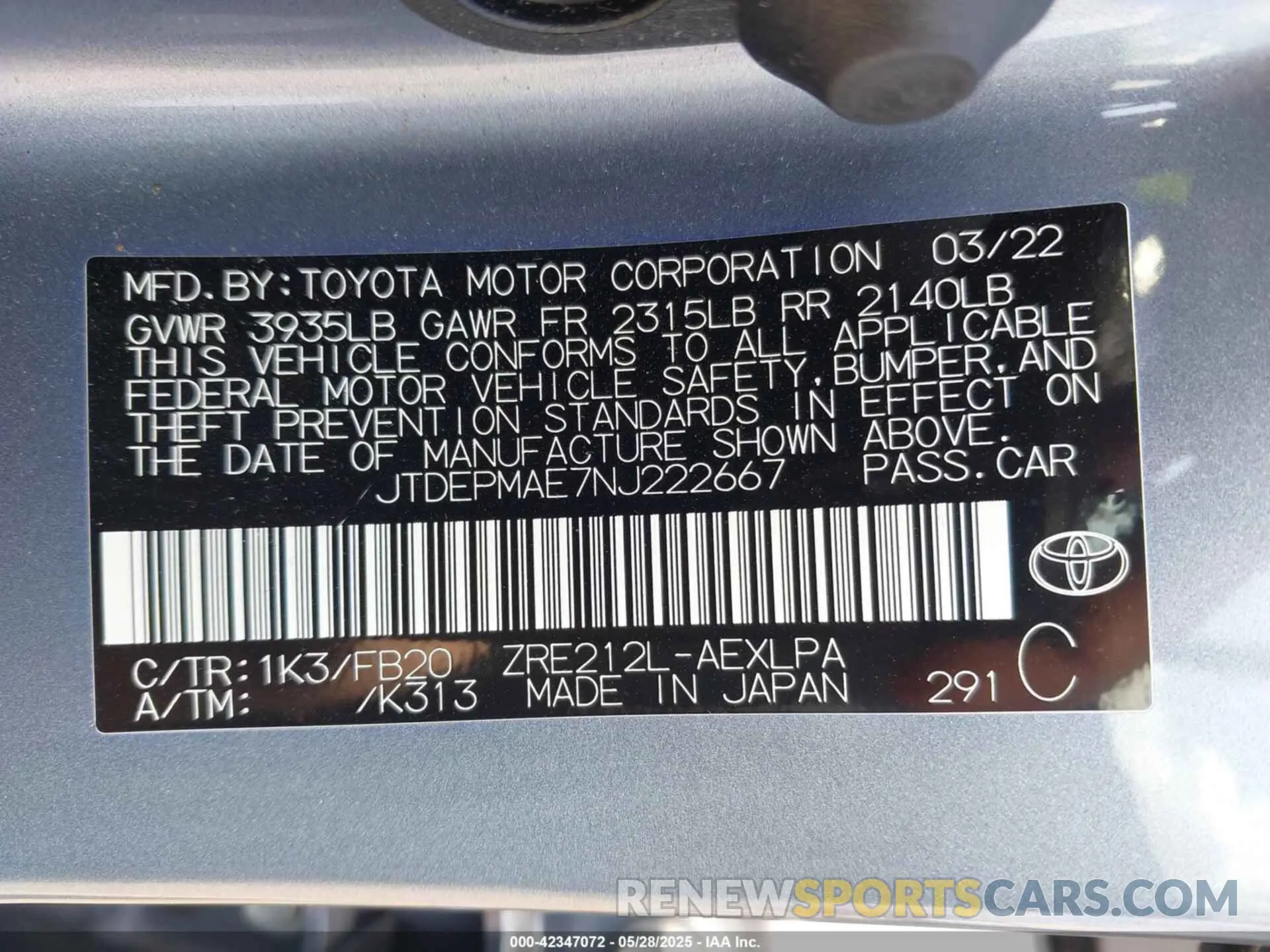 9 fotografías del automóvil dañado JTDEPMAE7NJ222667 TOYOTA COROLLA 2022
