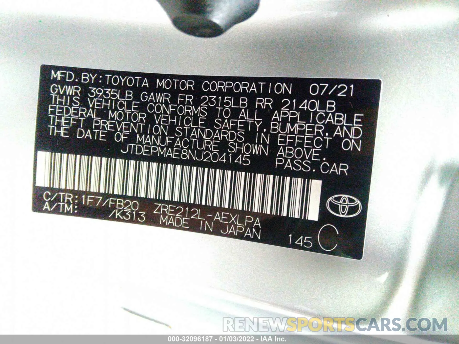 9 fotografías del automóvil dañado JTDEPMAE8NJ204145 TOYOTA COROLLA 2022