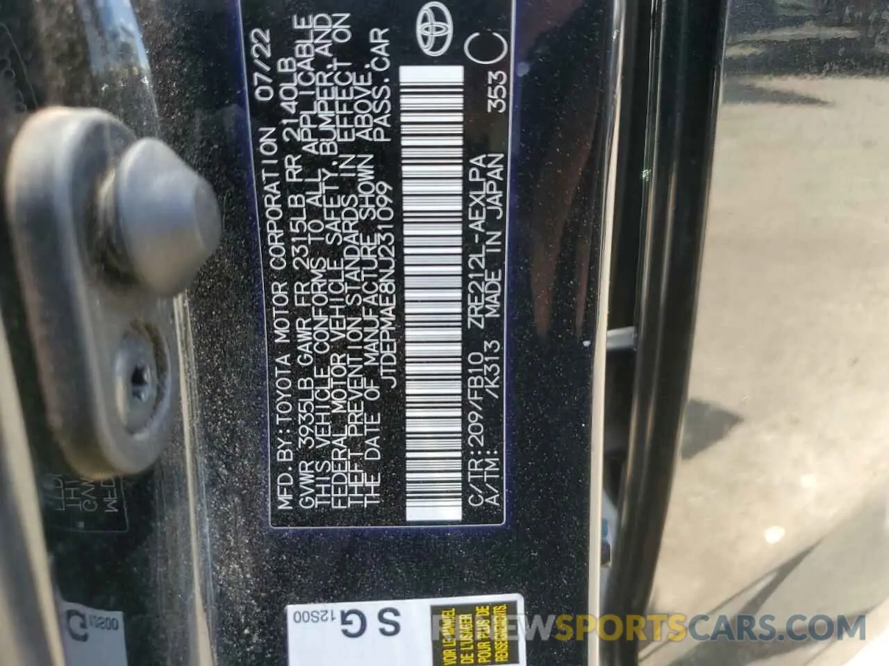 12 fotografías del automóvil dañado JTDEPMAE8NJ231099 TOYOTA COROLLA 2022
