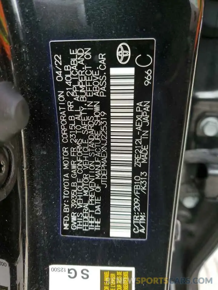 12 fotografías del automóvil dañado JTDEPMAEXNJ225319 TOYOTA COROLLA 2022