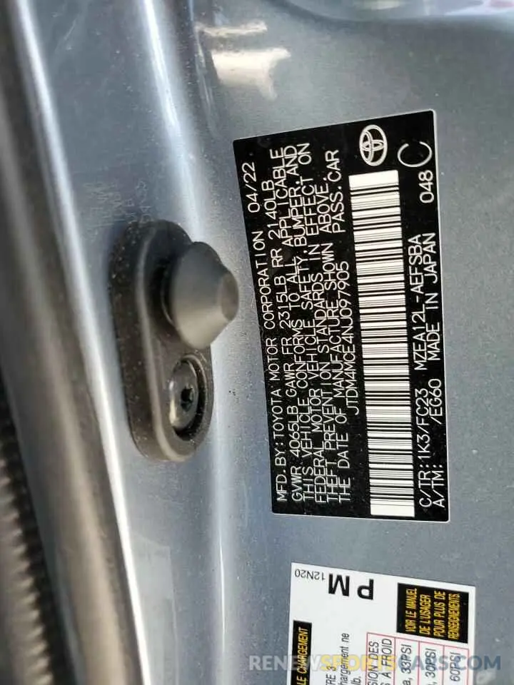 13 fotografías del automóvil dañado JTDM4MCE4NJ097905 TOYOTA COROLLA 2022
