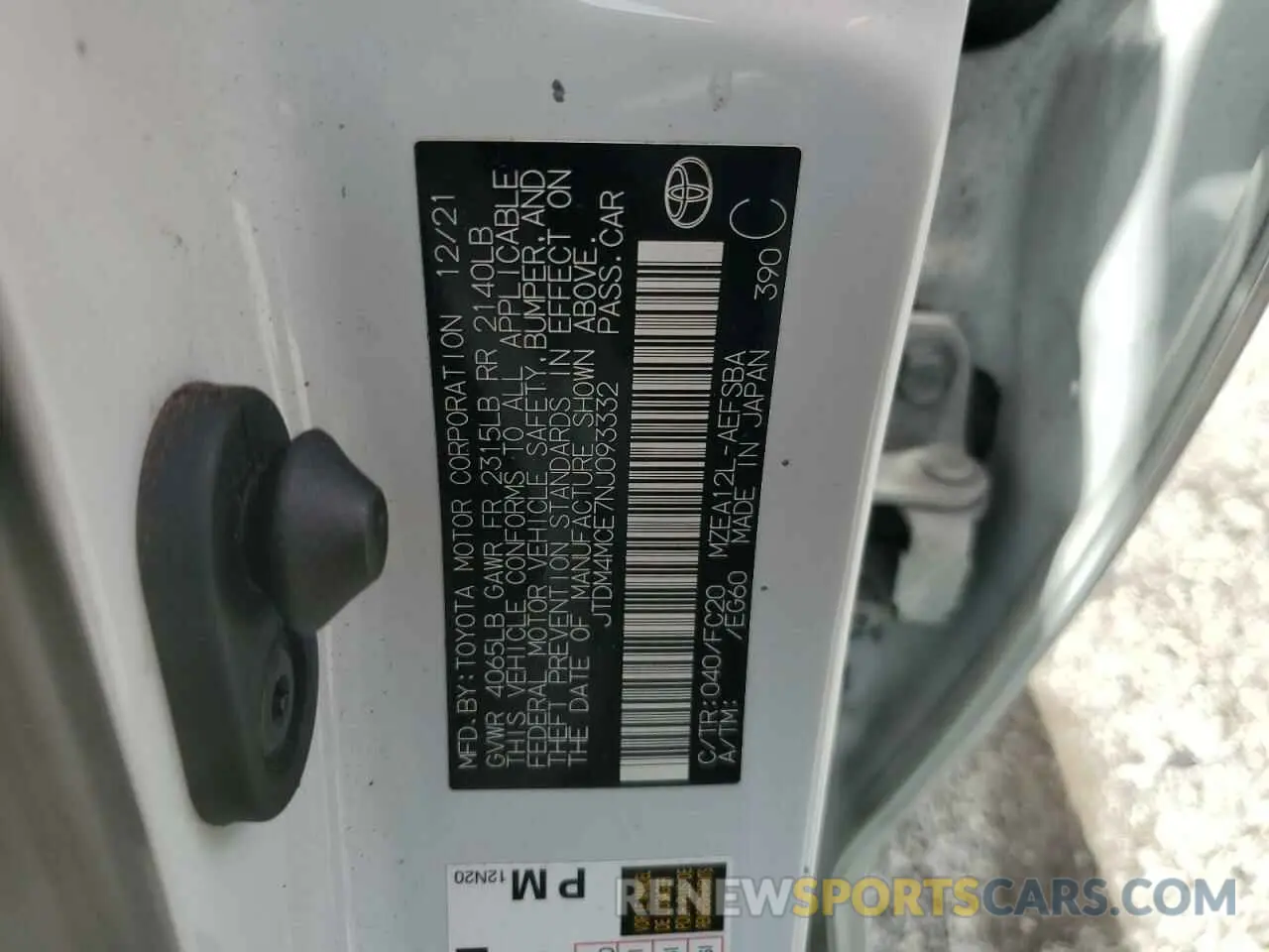 12 fotografías del automóvil dañado JTDM4MCE7NJ093332 TOYOTA COROLLA 2022