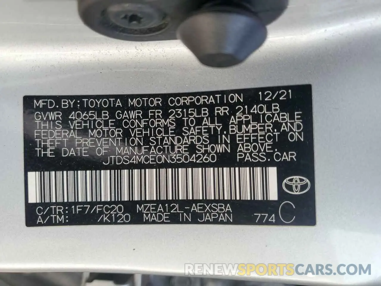 12 fotografías del automóvil dañado JTDS4MCE0N3504260 TOYOTA COROLLA 2022