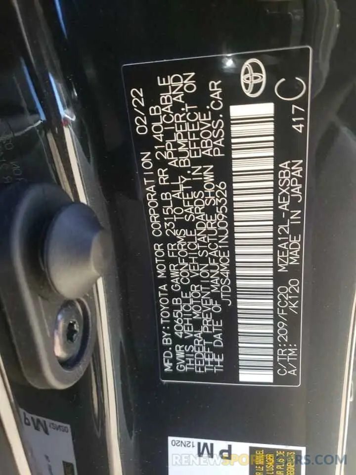 10 fotografías del automóvil dañado JTDS4MCE1NJ095326 TOYOTA COROLLA 2022