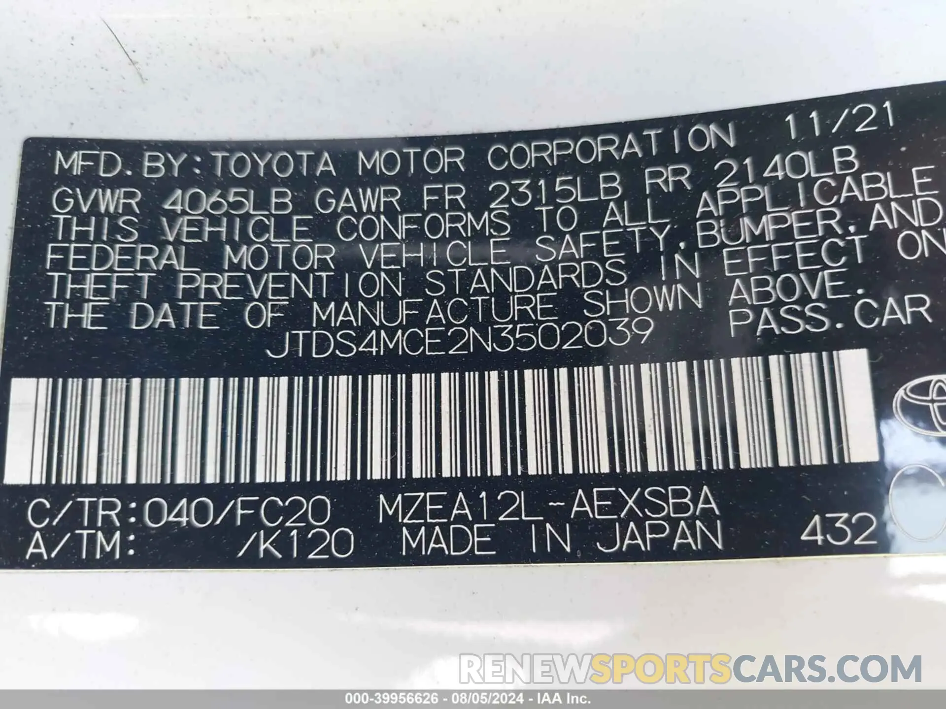 9 fotografías del automóvil dañado JTDS4MCE2N3502039 TOYOTA COROLLA 2022
